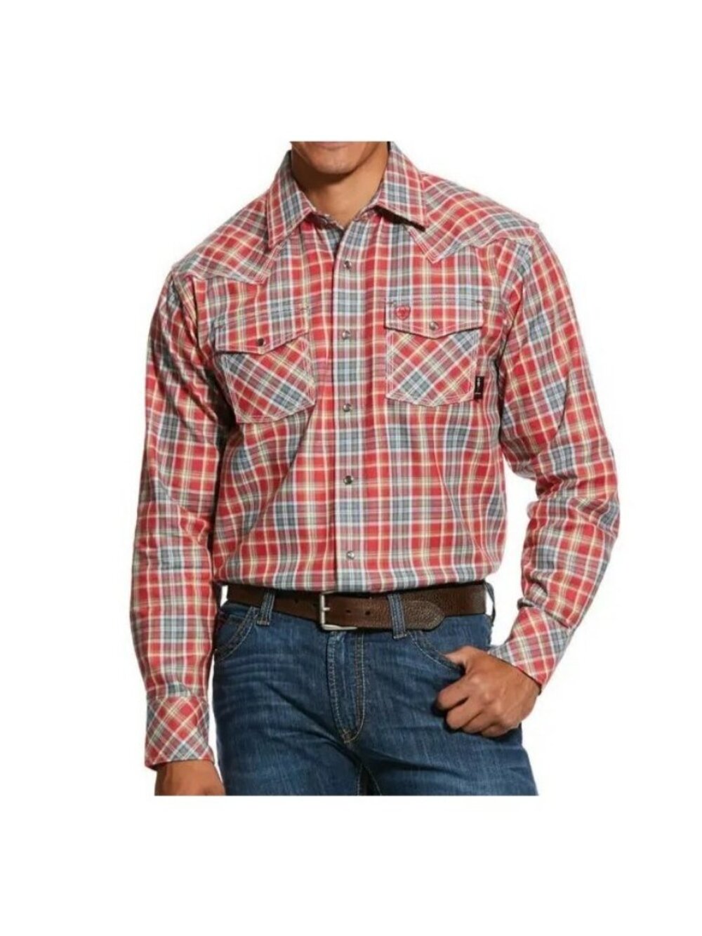 Ariat FR Work Shirt Snap Front Long Sleeve Red Plaid Flame Resistant Mens Medium